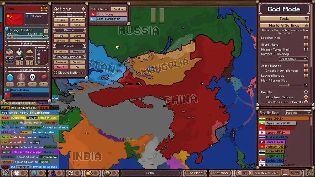 Ages of Conflict Asia simulation with the God Mode tools panel open